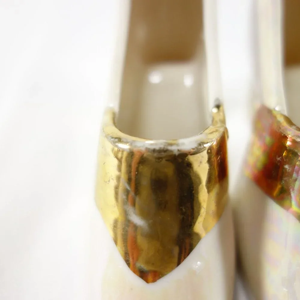 Vintage Collectible Pair of Lustre Porcelain Miniature High Heel Shoes Gold Trim